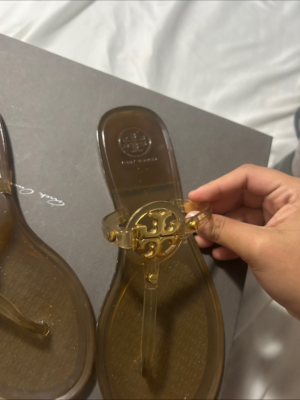 Tory Burch Transparent Amber Jelly Logo Thong Sandals